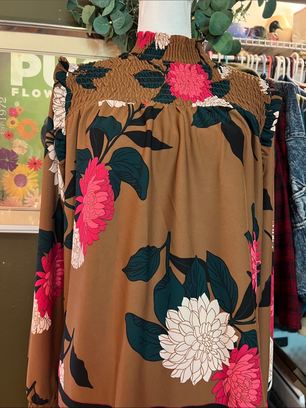 Ann Taylor Smocked Neck Floral Blouse in Camel with Pink & White Blooms